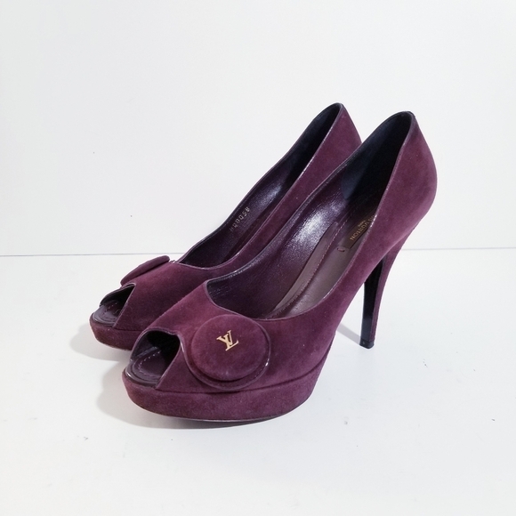 LOUIS VUITTON Chelsea Open Toe Aubergine Suede Leather Pumps 37 US 7 - Picture 7 of 16